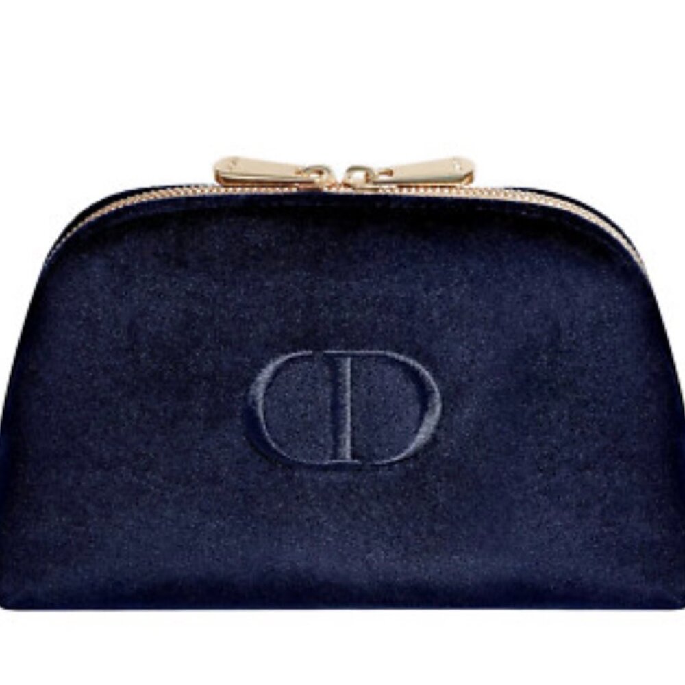 CD Christian Dior cosmetic bag, navy royal velour, gold zipper, plastic still on